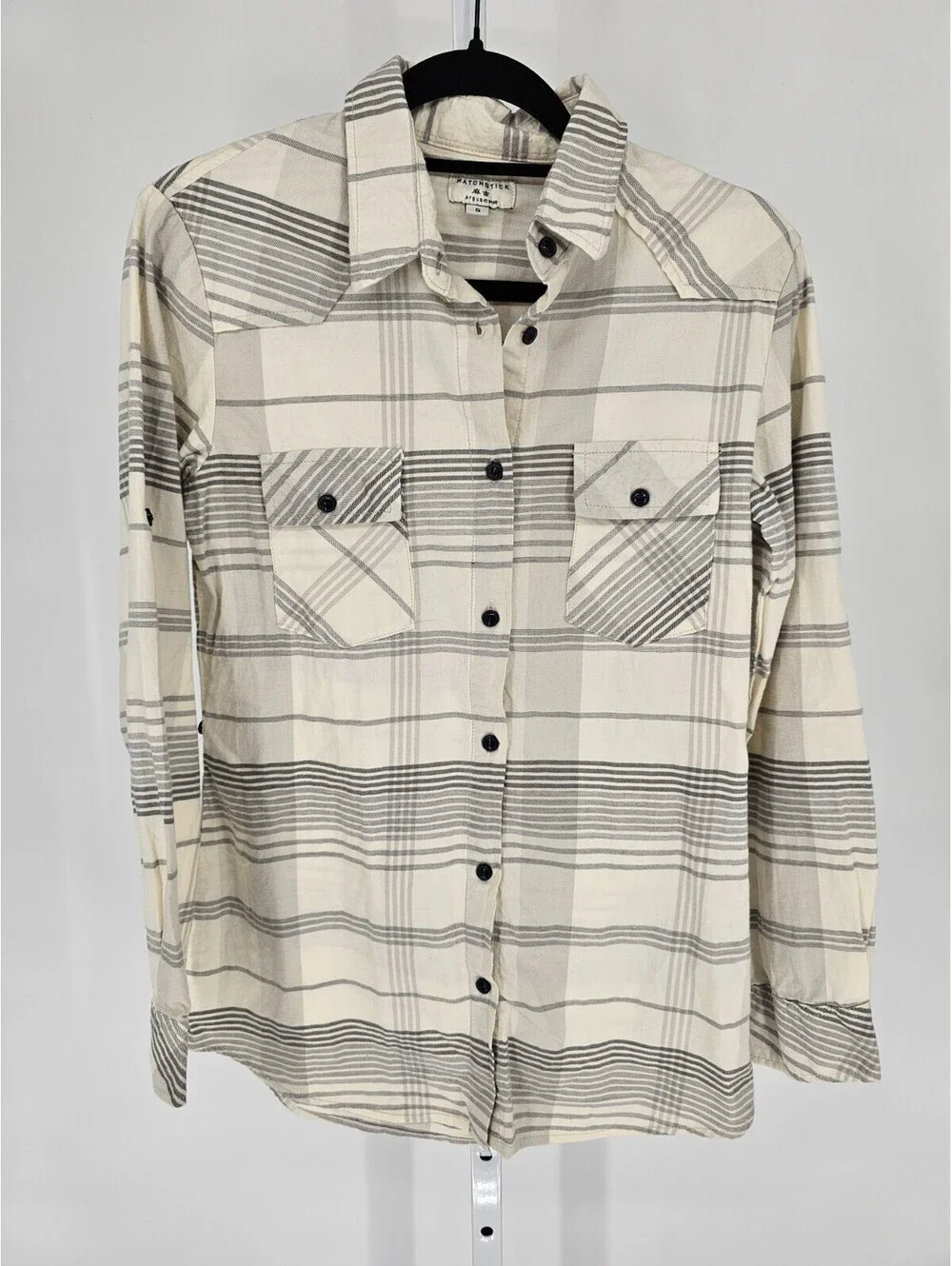 J. Crew Matchstick Mens Sz S Long Sleeve Button Up Plaid Shirt Cream Gray